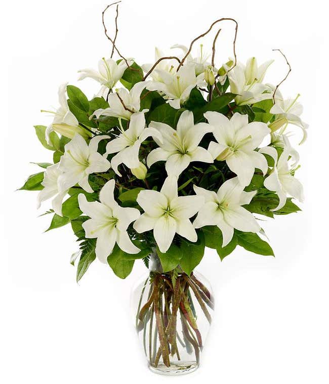 Tall white lilies in a glass vase