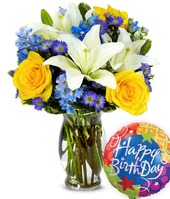 Blue and yellow flowers with a birthday balloon