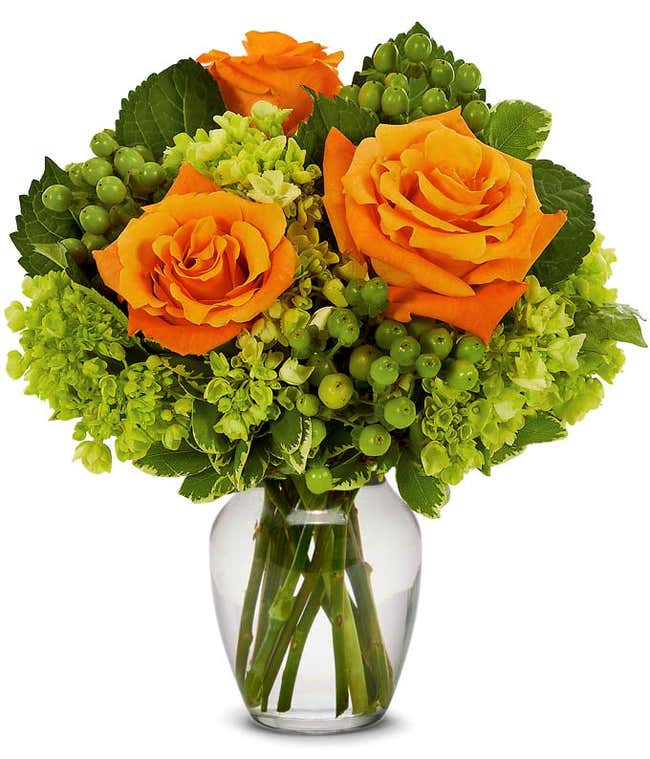 Orange roses and green hypericum berries