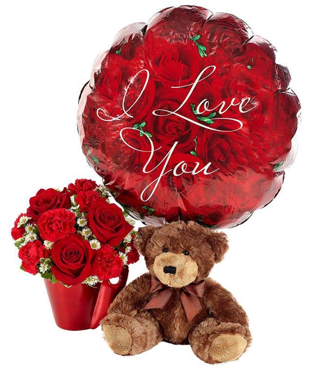 I love you balloon delivered with red roses, chocolate and cute teddy bear