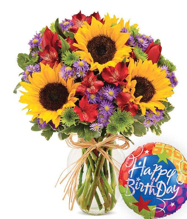 Birthday flowers for mom with sunflowers and tulips delivered with a happy birthday balloon