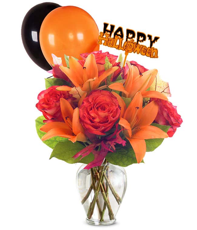 Orange roses and orange lilies with halloween balloons