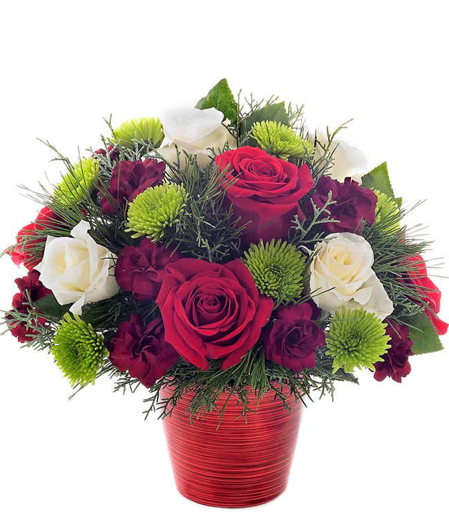 Red roses, green poms and white roses in a petite Christmas bouquet