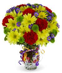 Yellow daisies with red carnations and green poms