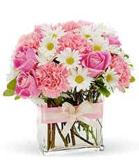 Pink roses with white daisies and pink carnations