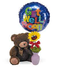 Get well soon balloon arrangement with teddy bear