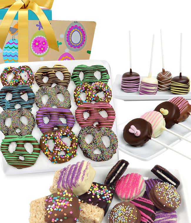 Easter decorated chocolate covered pretzels, rice treats, oreas and marshmallows