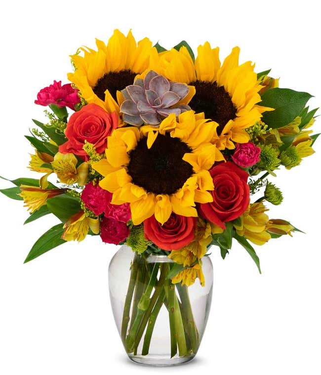 Autumn Succulent Bouquet with Sunflowers