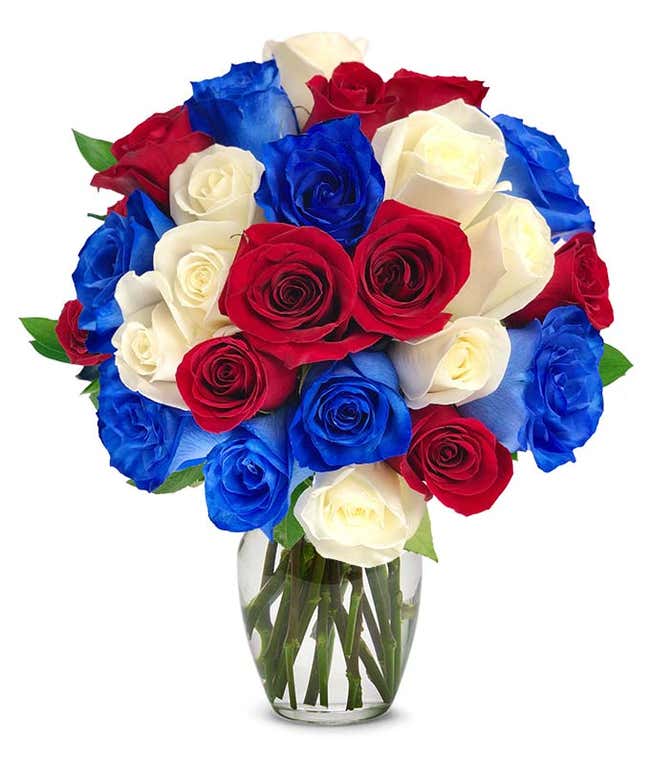 Two Dozen Red White &amp; Blue Roses