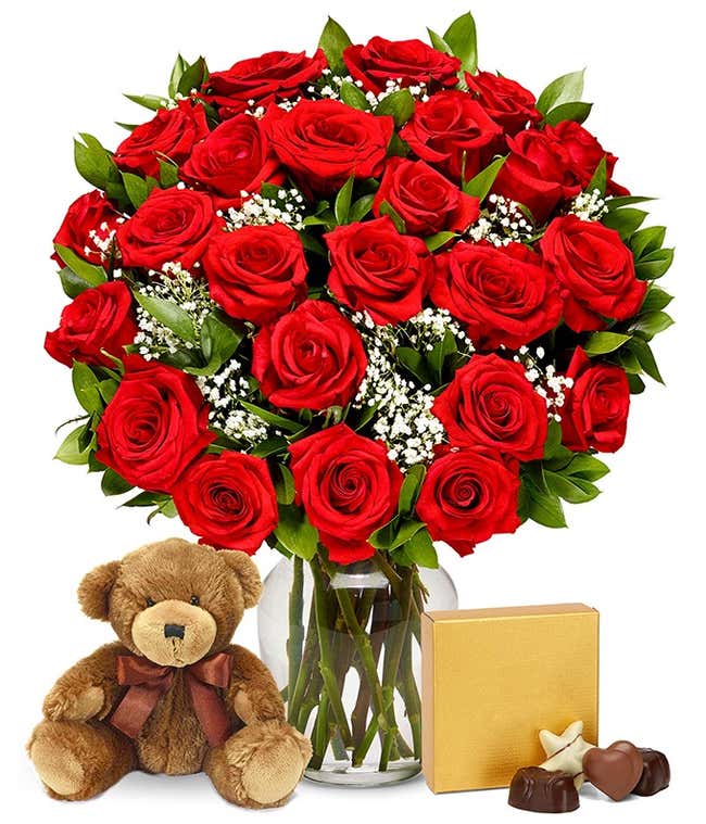 Two dozen red roses delivered with teddy bear and chocolates
