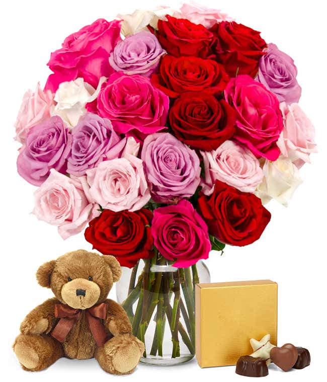 Two Dozen Assorted Sweetheart Roses with Chocolates &amp; Bear