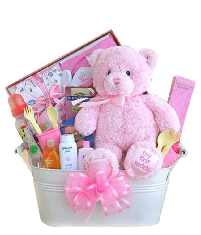 New baby girl teddy bear gift basket