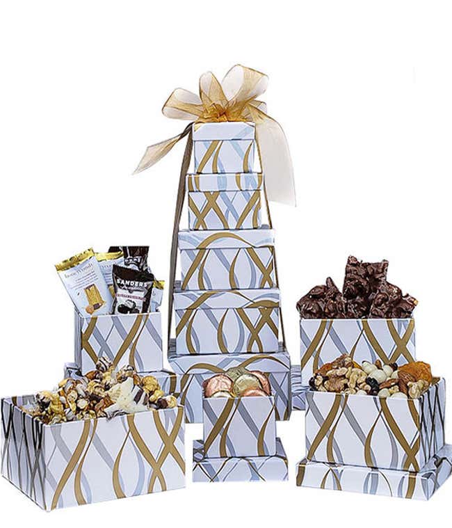 White and Gold Assorted Snack Tower