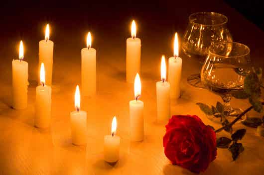 Lit Candles in a Heart with Single Rose